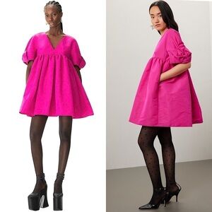 NINA RICCI Taffeta Bow Trim Puff Short Sleeve Empire Waist Babydoll Mini Dress 4